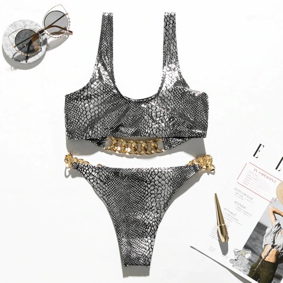 LAST CALL!🔥Gold Chain🔥 Snake Skin Metallic 2-Piece Bikini - Picture 3 of 5